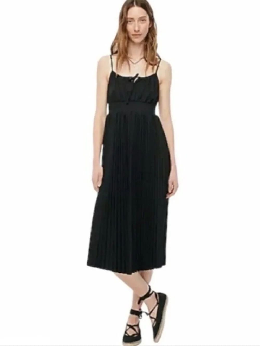J Crew Black Pleated Midi Dress with Smocking And Spaghetti Straps Size 0